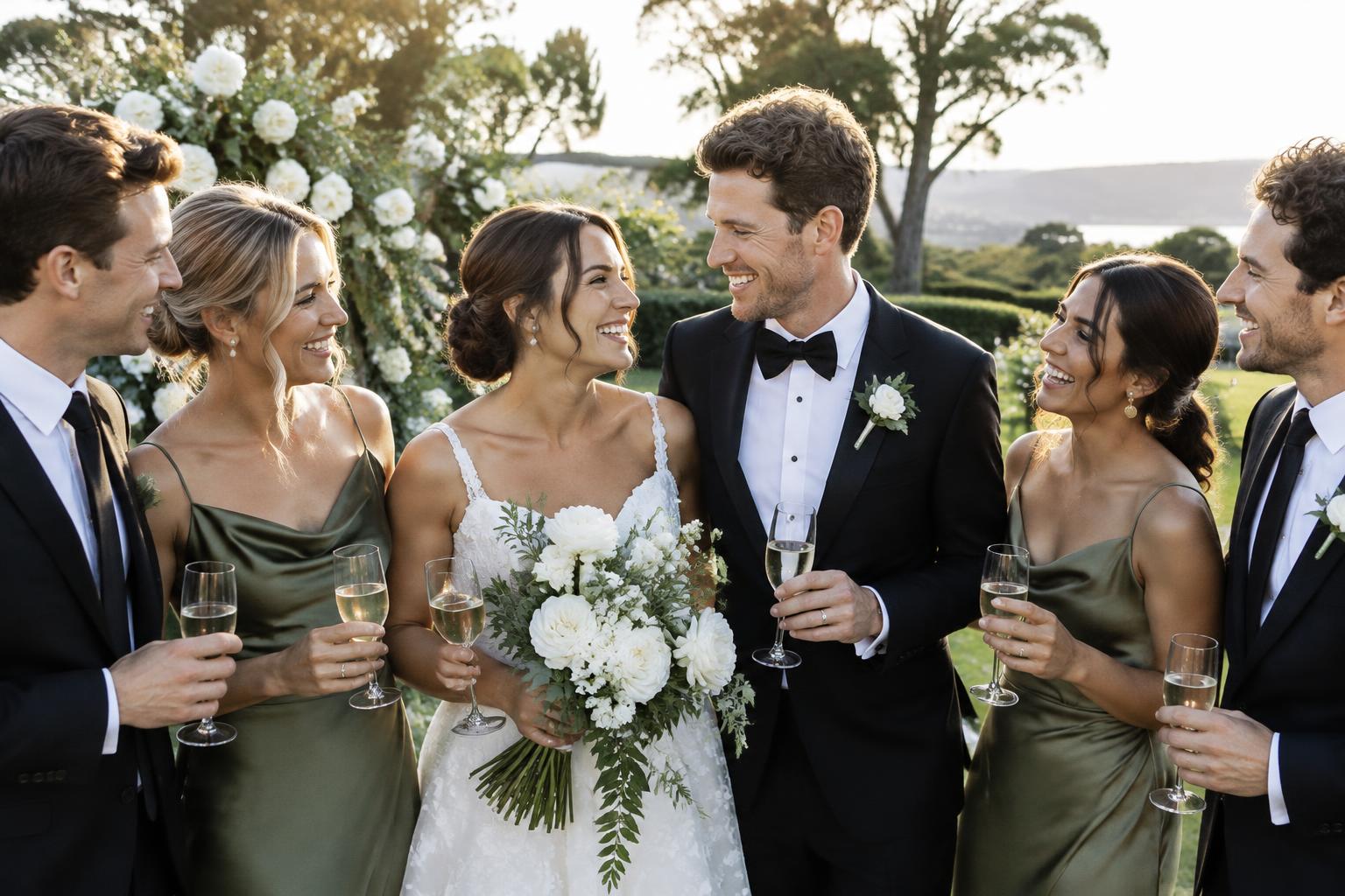 Friends celebrating a garden wedding